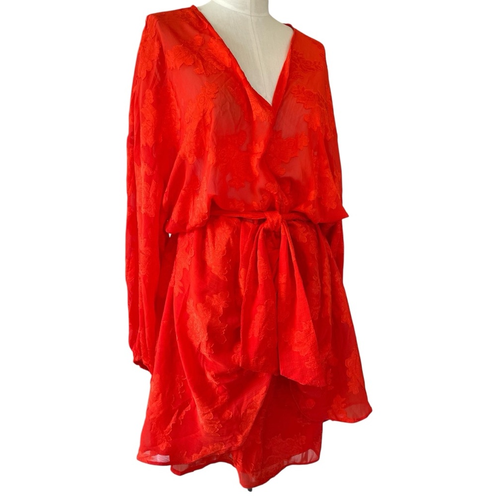 ❤️ NWT! ASOS CURVE Tomato Red Jacquard Sheer Belted Mini Dress - Picture 3 of 9